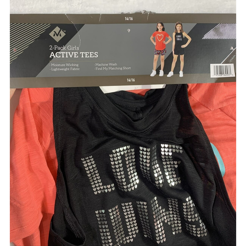 Member's Mark 2 Piece Girls Active Tees Set Pink/Black Sz 14/16